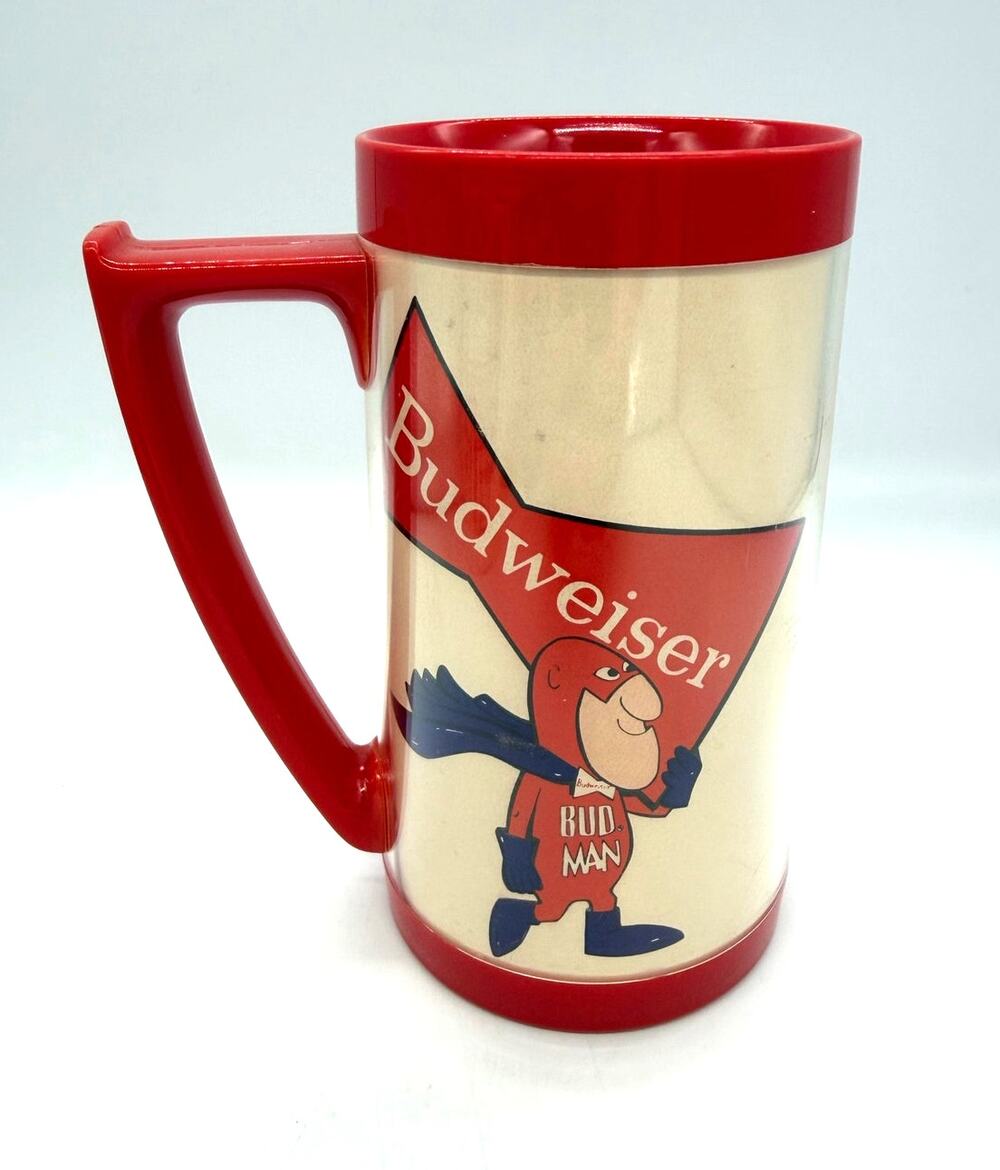Vintage Thermo-Serv Budweiser "Bud Man" Insulated Plastic Beer Mug / Stein 6.25"